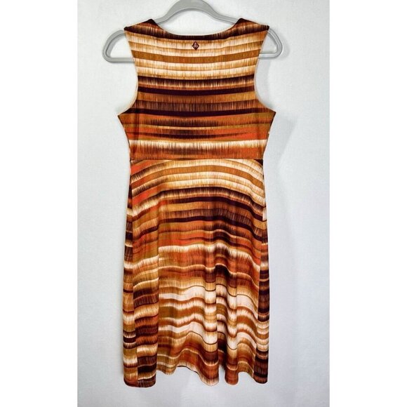 Prana Viana Sleeveless Dress Size Small Orange Brown Stripe Blurred Sunset Vneck - Picture 3 of 8